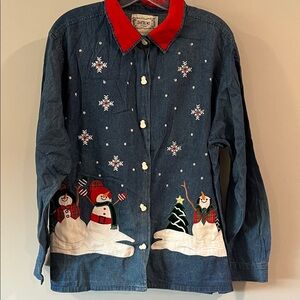 Tantrums - denim‎ button down shirt with Snowman Design, xxl